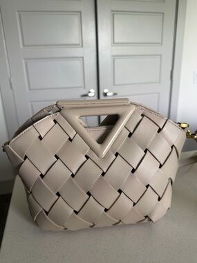 Woven Triangle-Handle Crossbody Bag in Light Beige
